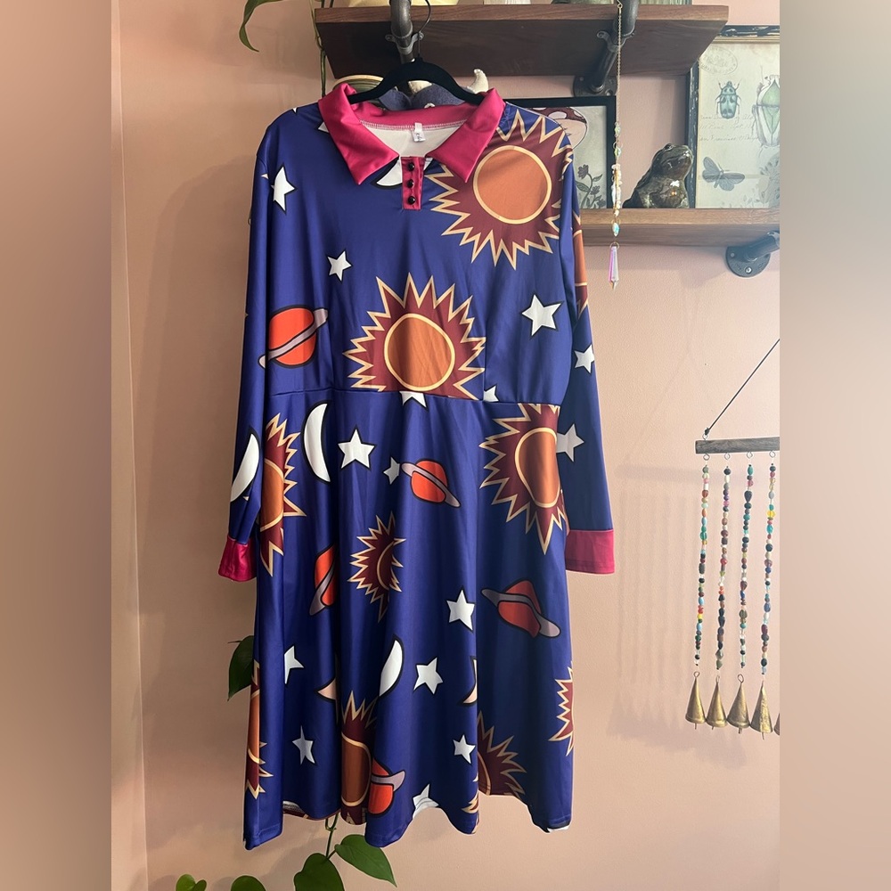 Women’s Purple Space-Print Polo Dress with Pink Trim